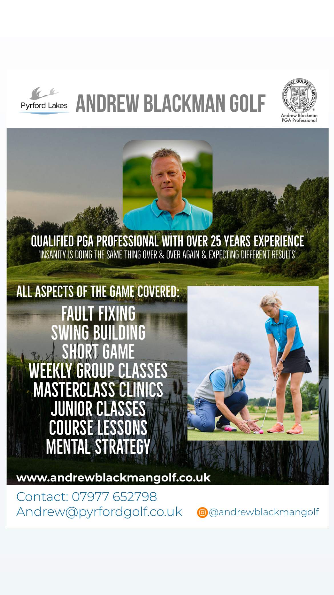 Andrew Blackman Golf, PGA Qualified Golf Professional At Pyrford Lakes, Pyrford, Woking, Surrey