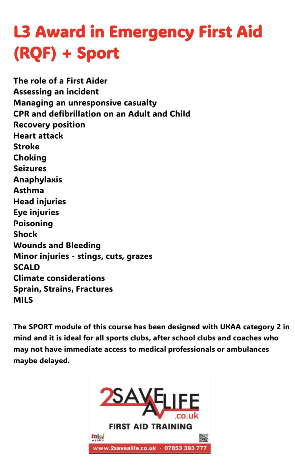 Level 3 Award in Emergency First Aid at Work (RQF) + SPORT