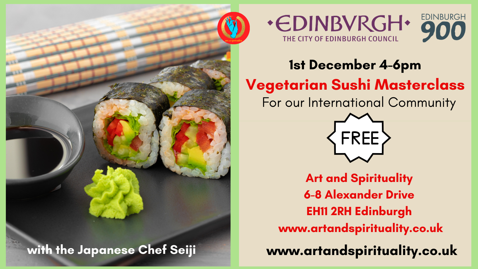 1st December  FREE VEGETARIAN SUSHI MASTERCLASS