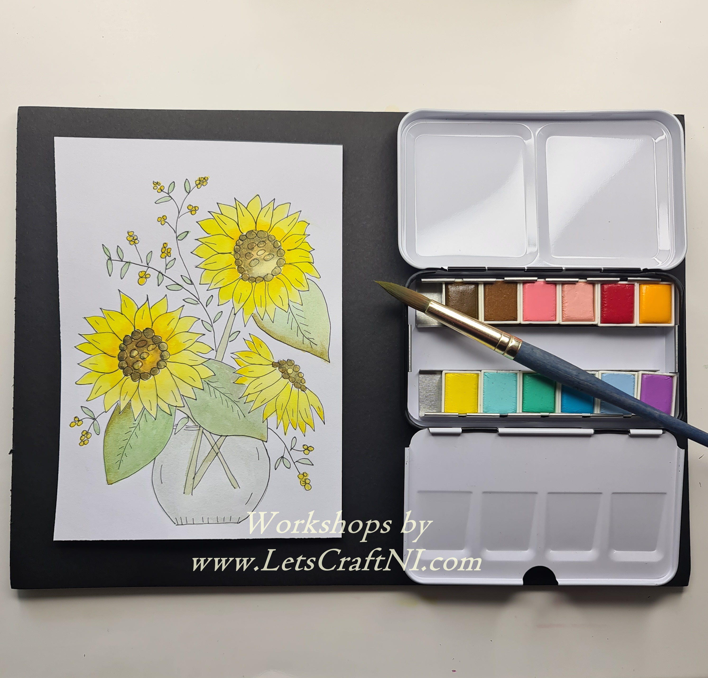 Sunflower Pen/Ink Watercolour Card | Beginner’s Painting Class 