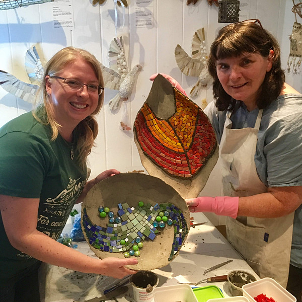 Mosaic sculpture and bird bath 