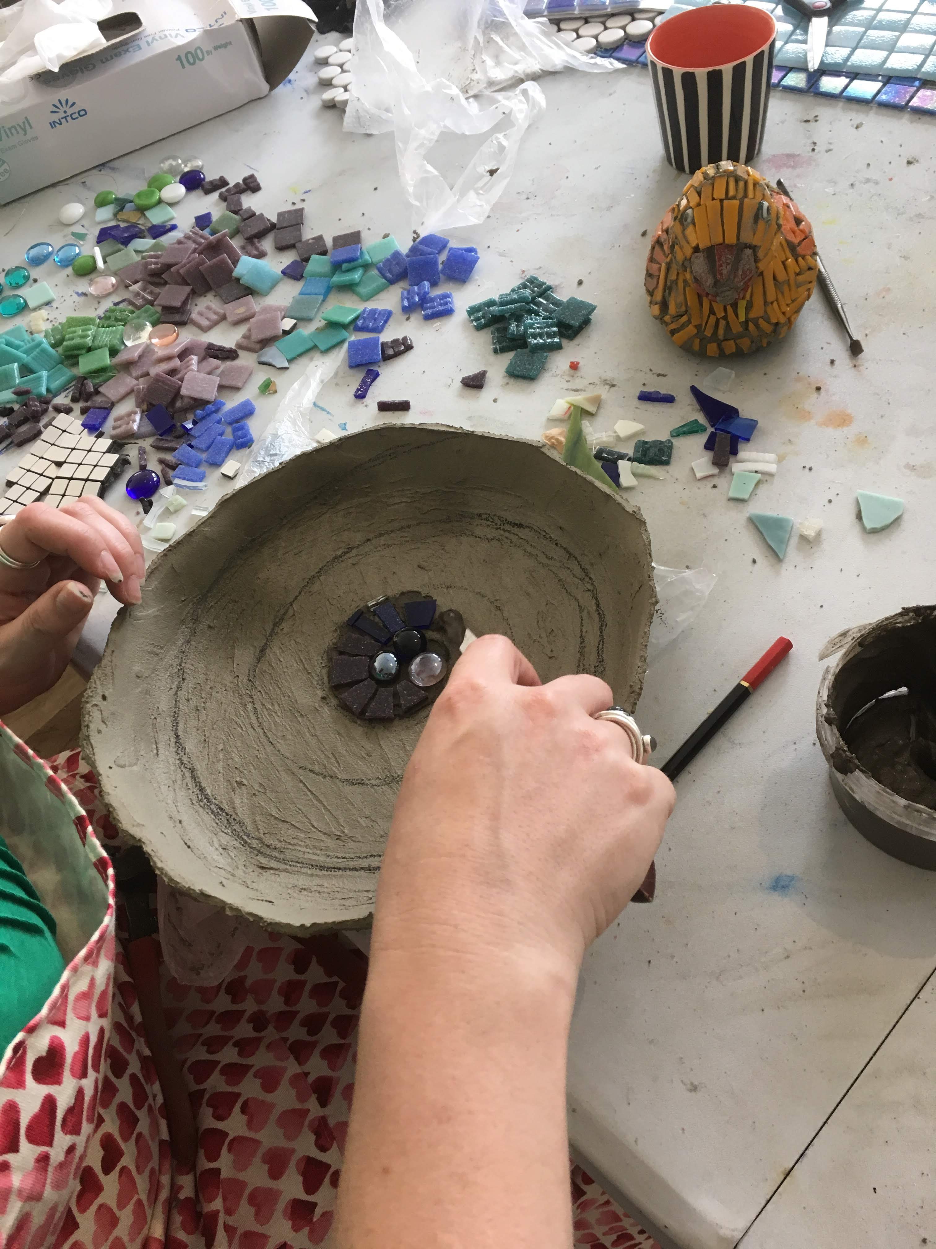 Mosaic sculpture and bird bath 