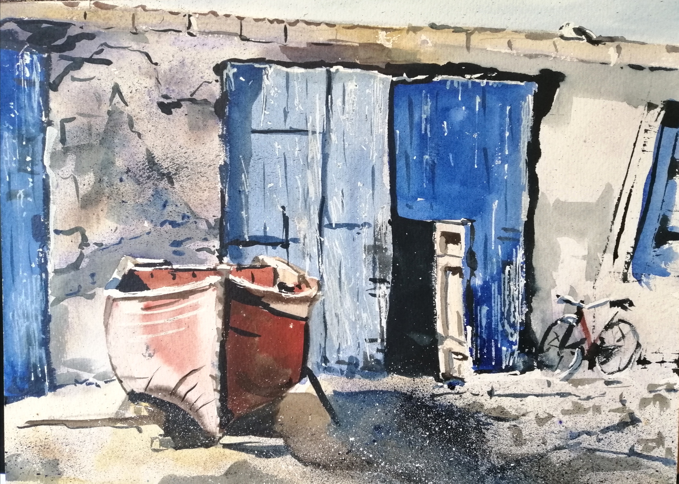 An Old Boat & boat shed in Morocco in watercolour