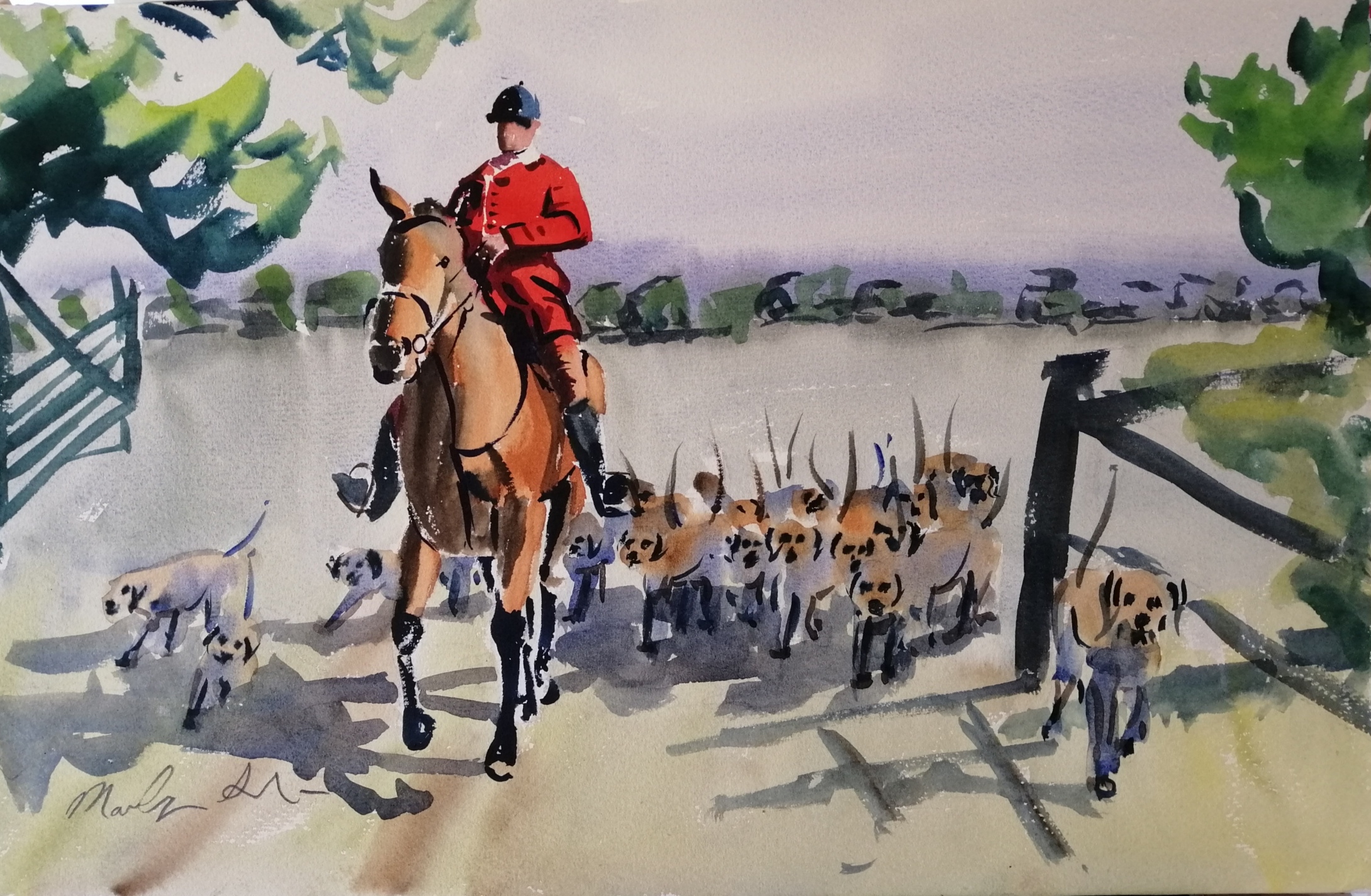 Hunt in Studland watercolour