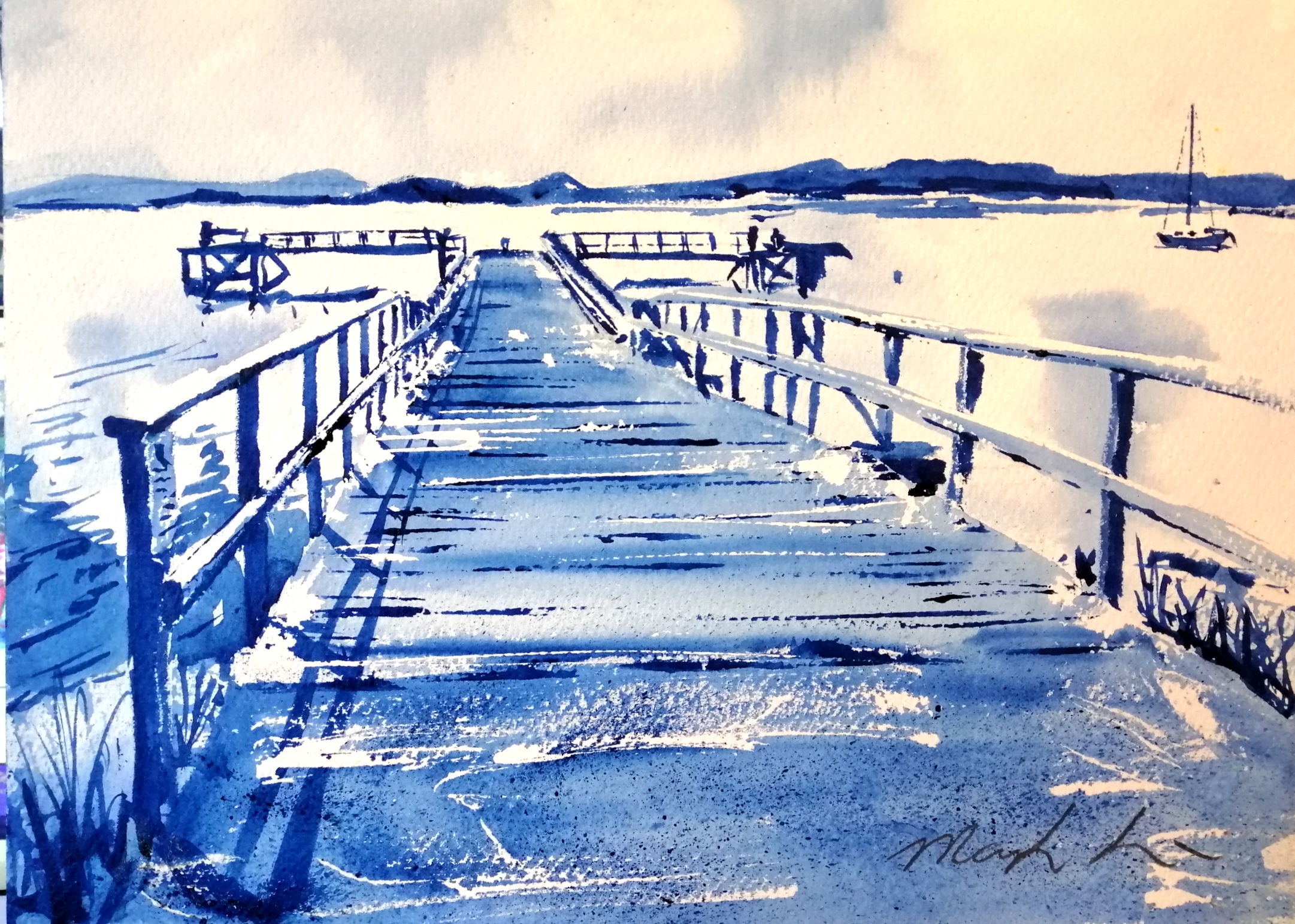 Lake Pier in Dorset Blue watercolour