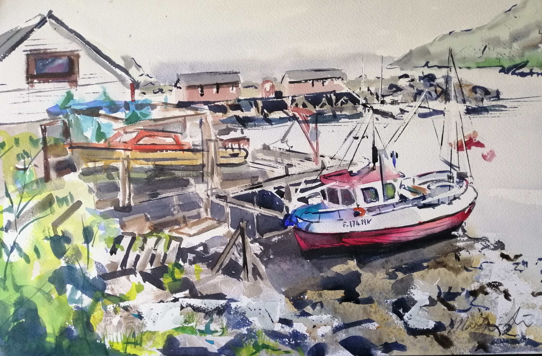 Kamøyvær fishing village in watercolour